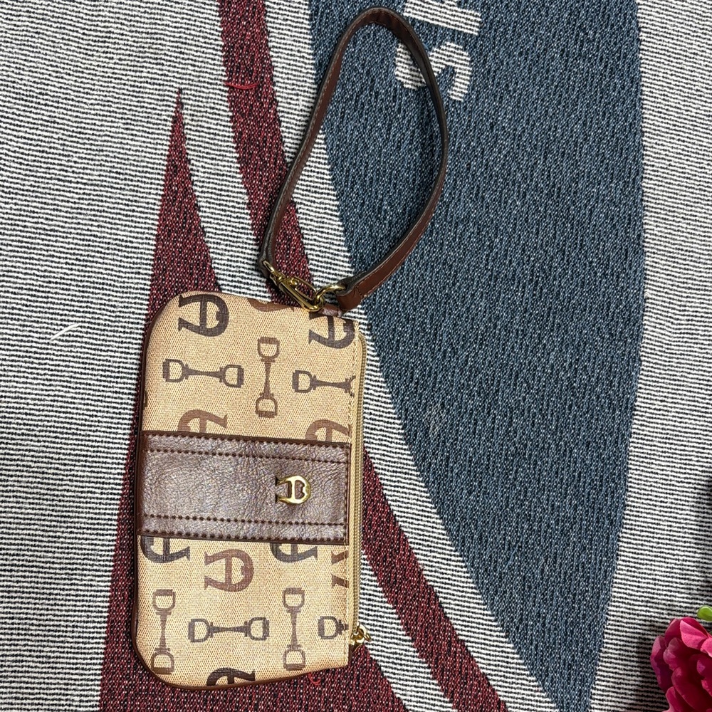 Etienne Aigner Tan and Brown Logo Wristlet